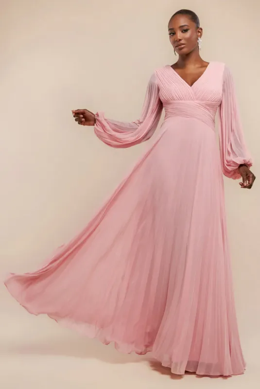 Balloon Sleeve Chiffon Maxi Dress - Blush Pink by Goddiva sold by Goddiva