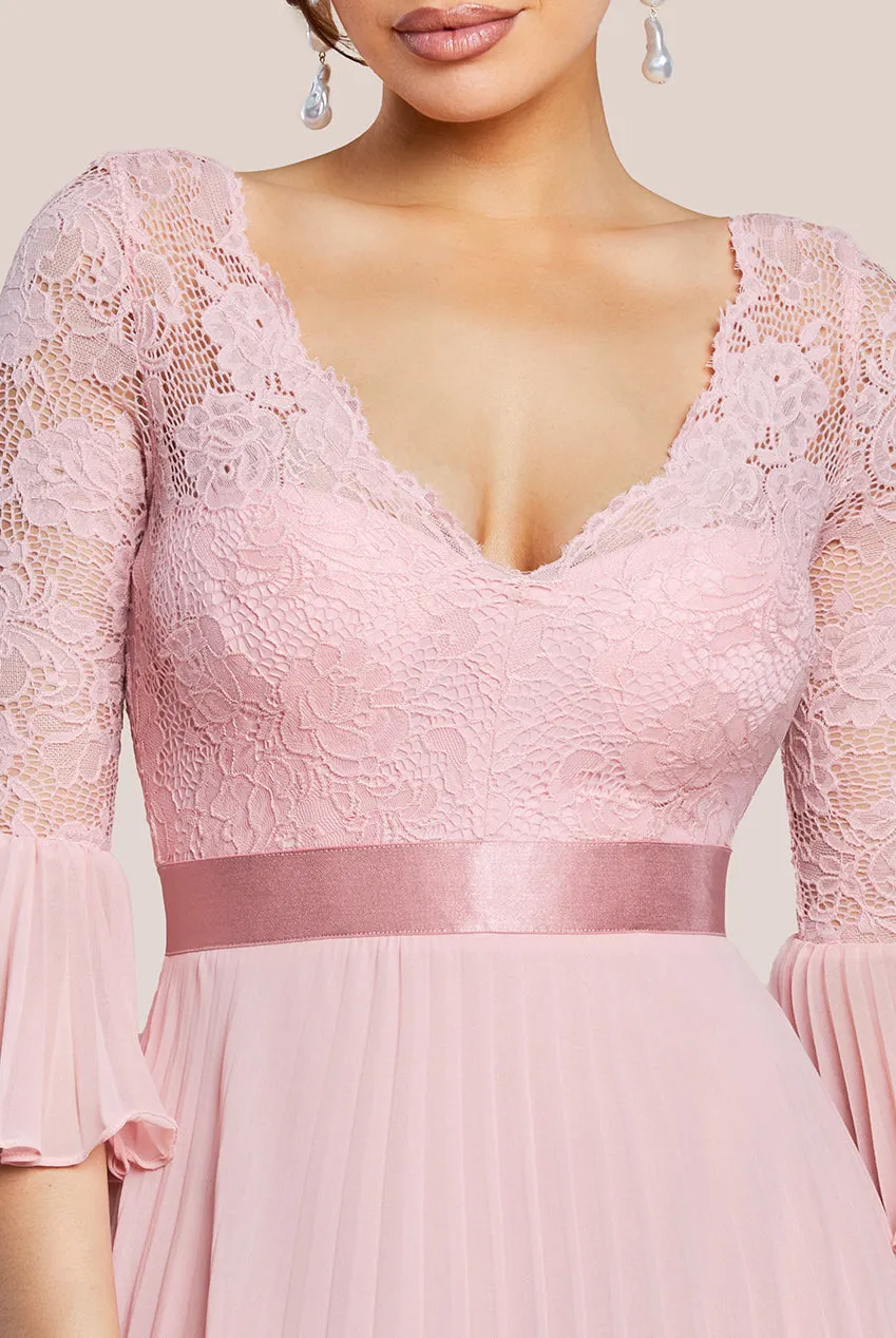 Scalloped Lace Bodice Pleated Chiffon A Line Maxi Dress - Blush Pink by Goddiva sold by Goddiva product image thumbnail 3