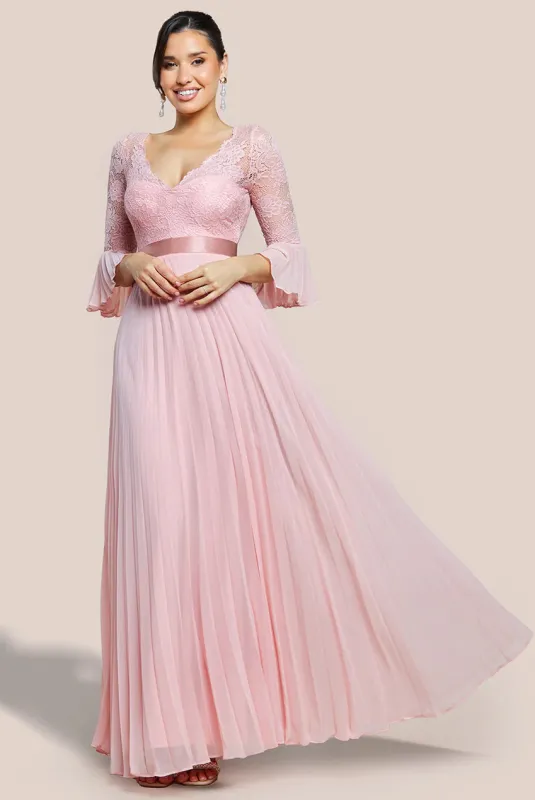 Scalloped Lace Bodice Pleated Chiffon A Line Maxi Dress - Blush Pink by Goddiva sold by Goddiva