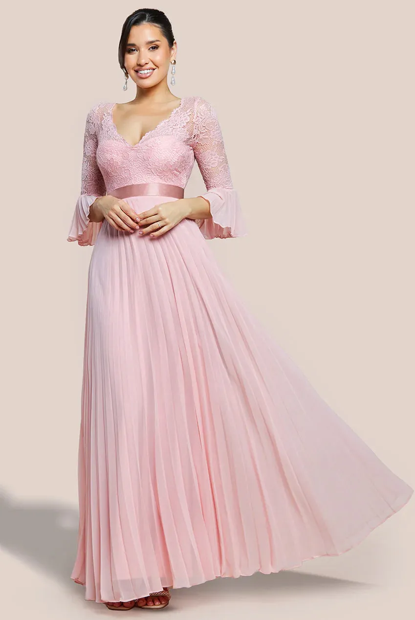 Scalloped Lace Bodice Pleated Chiffon A Line Maxi Dress - Blush Pink by Goddiva sold by Goddiva