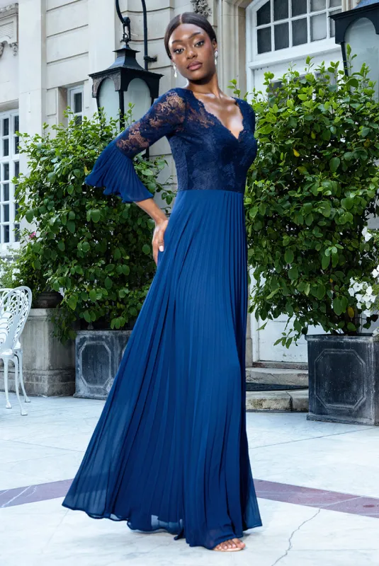 Scalloped Lace Bodice Pleated Chiffon A Line Maxi Dress - Navy Blue by Goddiva sold by Goddiva