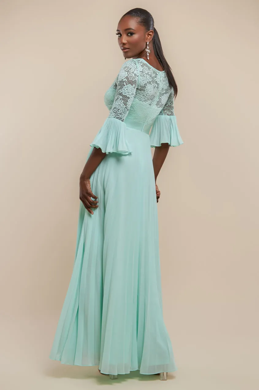 Scalloped Lace Bodice Pleated Chiffon A Line Maxi Dress - Mint Green by Goddiva sold by Goddiva product image thumbnail 2