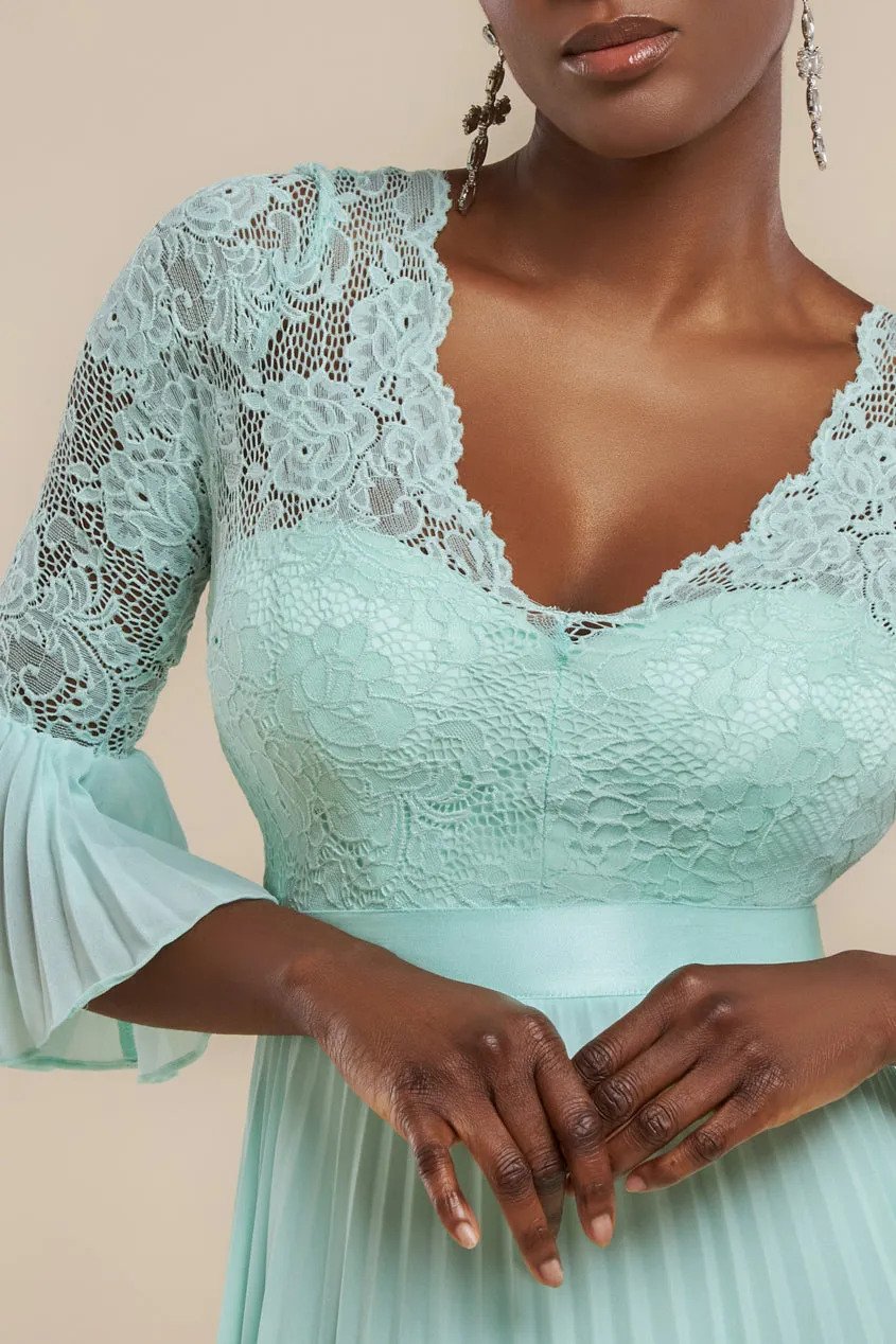Scalloped Lace Bodice Pleated Chiffon A Line Maxi Dress - Mint Green by Goddiva sold by Goddiva product image thumbnail 3
