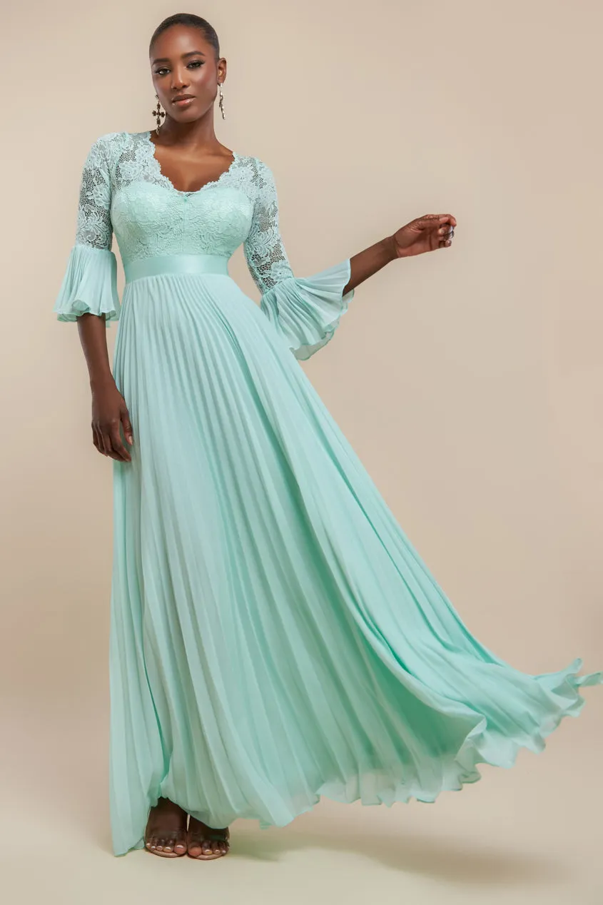Scalloped Lace Bodice Pleated Chiffon A Line Maxi Dress - Mint Green by Goddiva sold by Goddiva