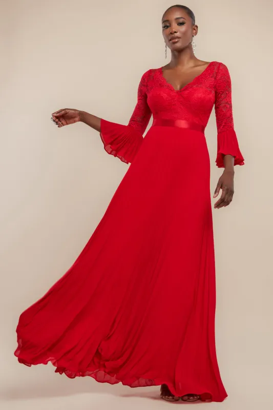 Scalloped Lace Bodice Pleated Chiffon A Line Maxi Dress - Red by Goddiva sold by Goddiva