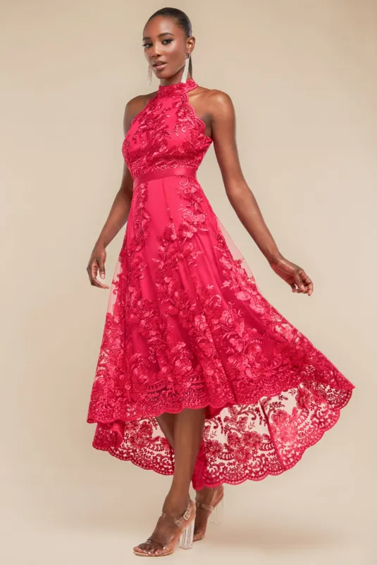 Halter Neck Lace High And Low Dress - Magenta by Goddiva sold by Goddiva