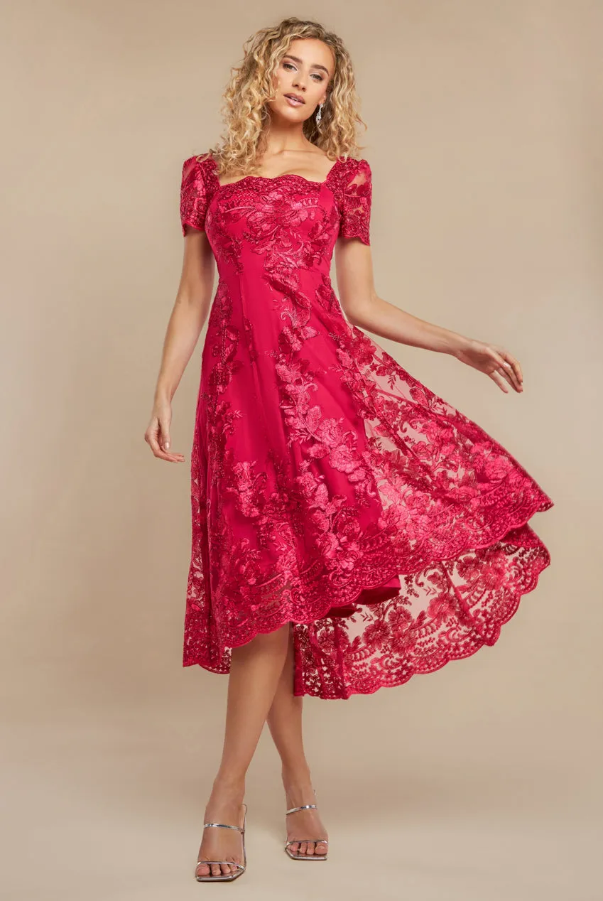 Scalloped Neck Embroidered Lace High Low Midi Dress - Magenta by Goddiva sold by Goddiva
