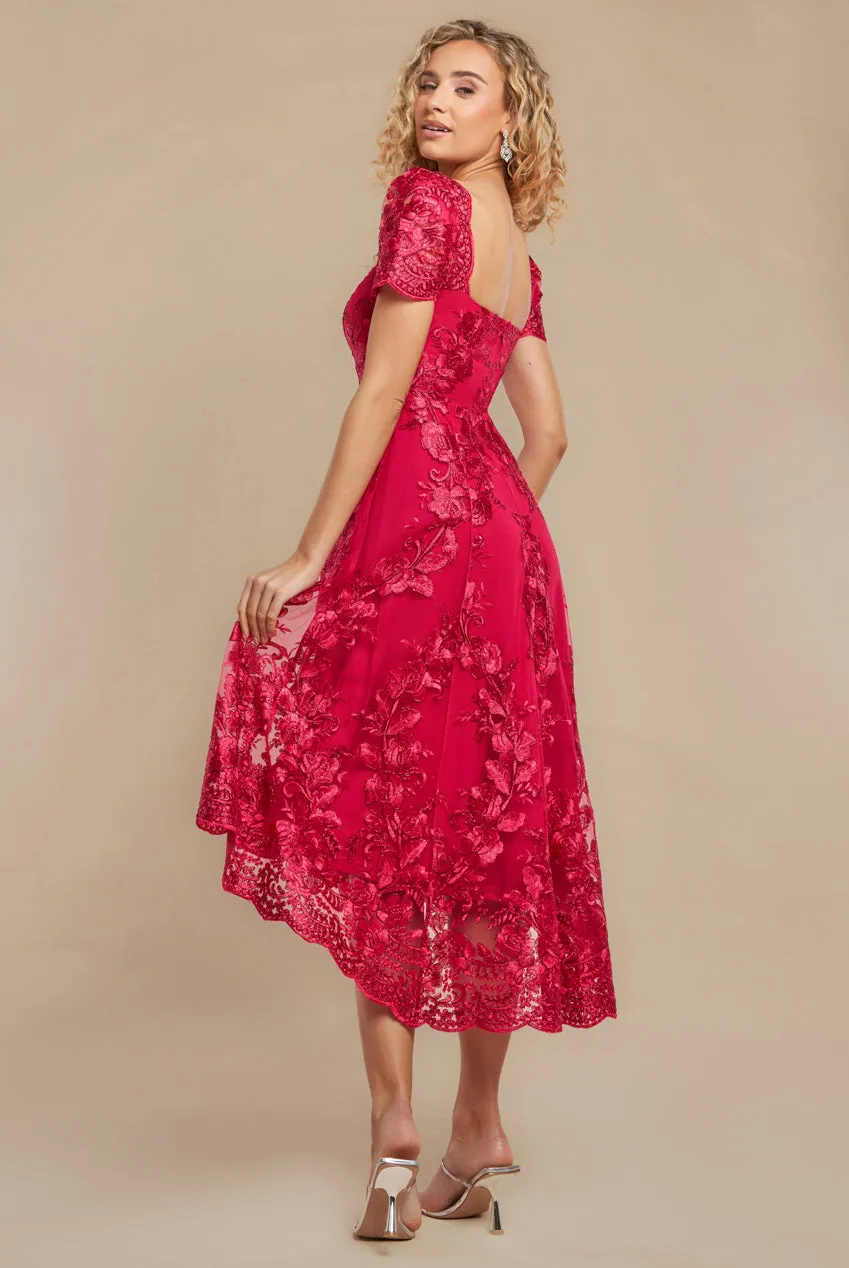 Scalloped Neck Embroidered Lace High Low Midi Dress - Magenta by Goddiva sold by Goddiva product image thumbnail 2