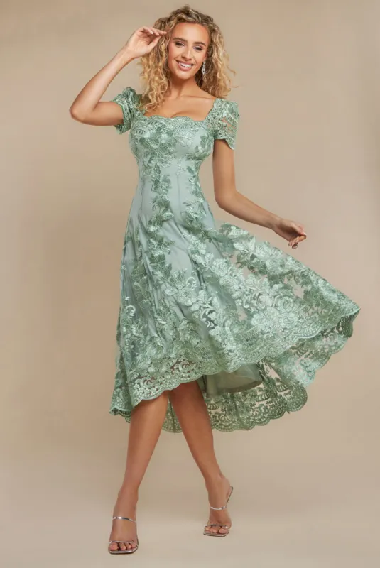 Scalloped Neck Embroidered Lace High Low Midi Dress - Sage Green by Goddiva sold by Goddiva