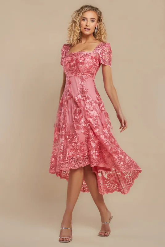 Scalloped Neck Embroidered Lace High Low Midi Dress - Coral by Goddiva sold by Goddiva