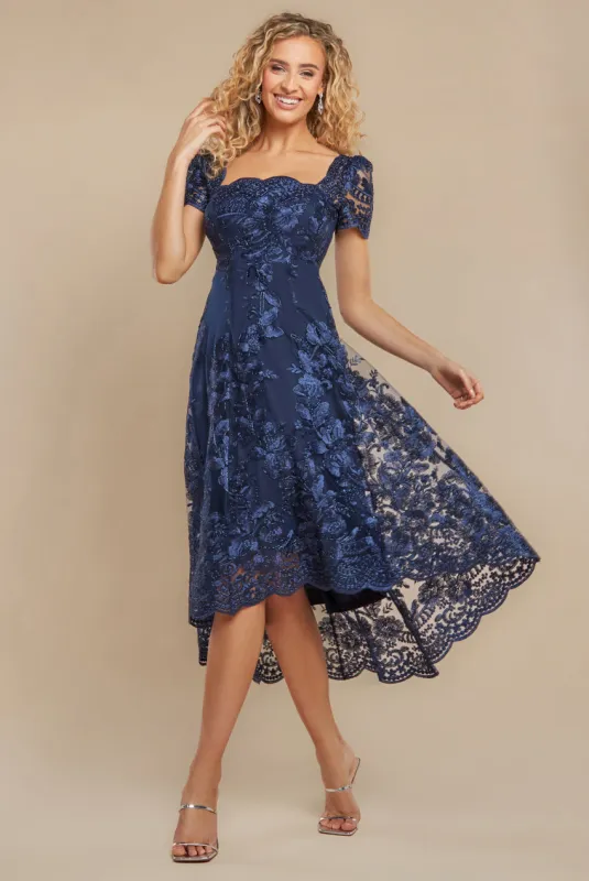 Scalloped Neck Embroidered Lace High Low Midi Dress - Navy Blue by Goddiva sold by Goddiva