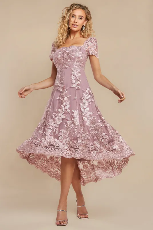 Scalloped Neck Embroidered Lace High Low Midi Dress - Pink by Goddiva sold by Goddiva