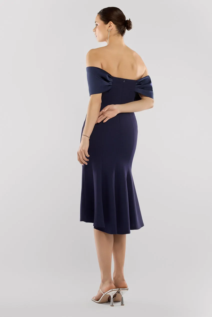 Twist Knot Satin & Scuba Bardot High Low Midi Dress - Navy Blue by Goddiva sold by Goddiva product image thumbnail 2