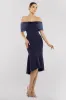 Twist Knot Satin & Scuba Bardot High Low Midi Dress - Navy Blue by Goddiva sold by Goddiva