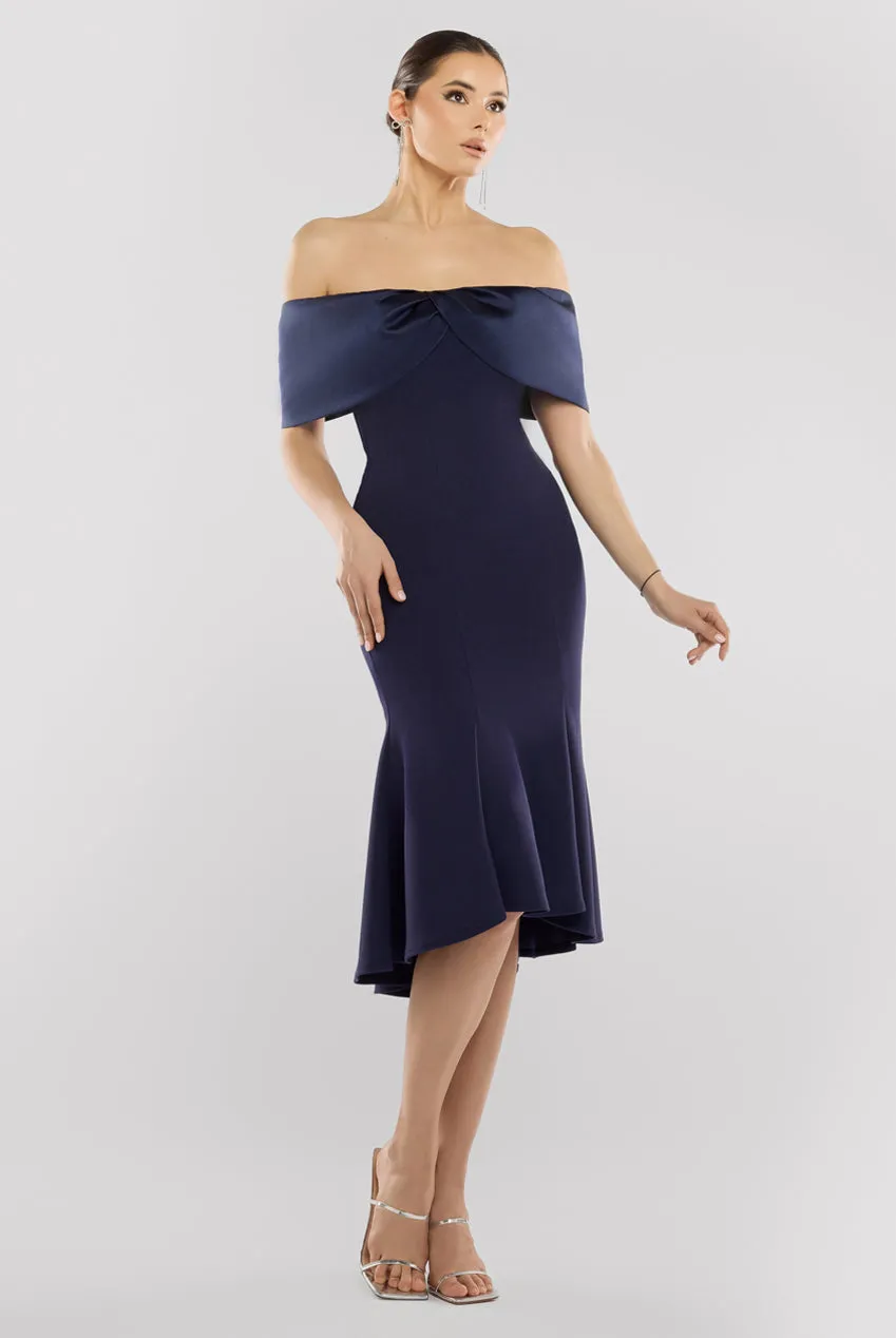 Twist Knot Satin & Scuba Bardot High Low Midi Dress - Navy Blue by Goddiva sold by Goddiva