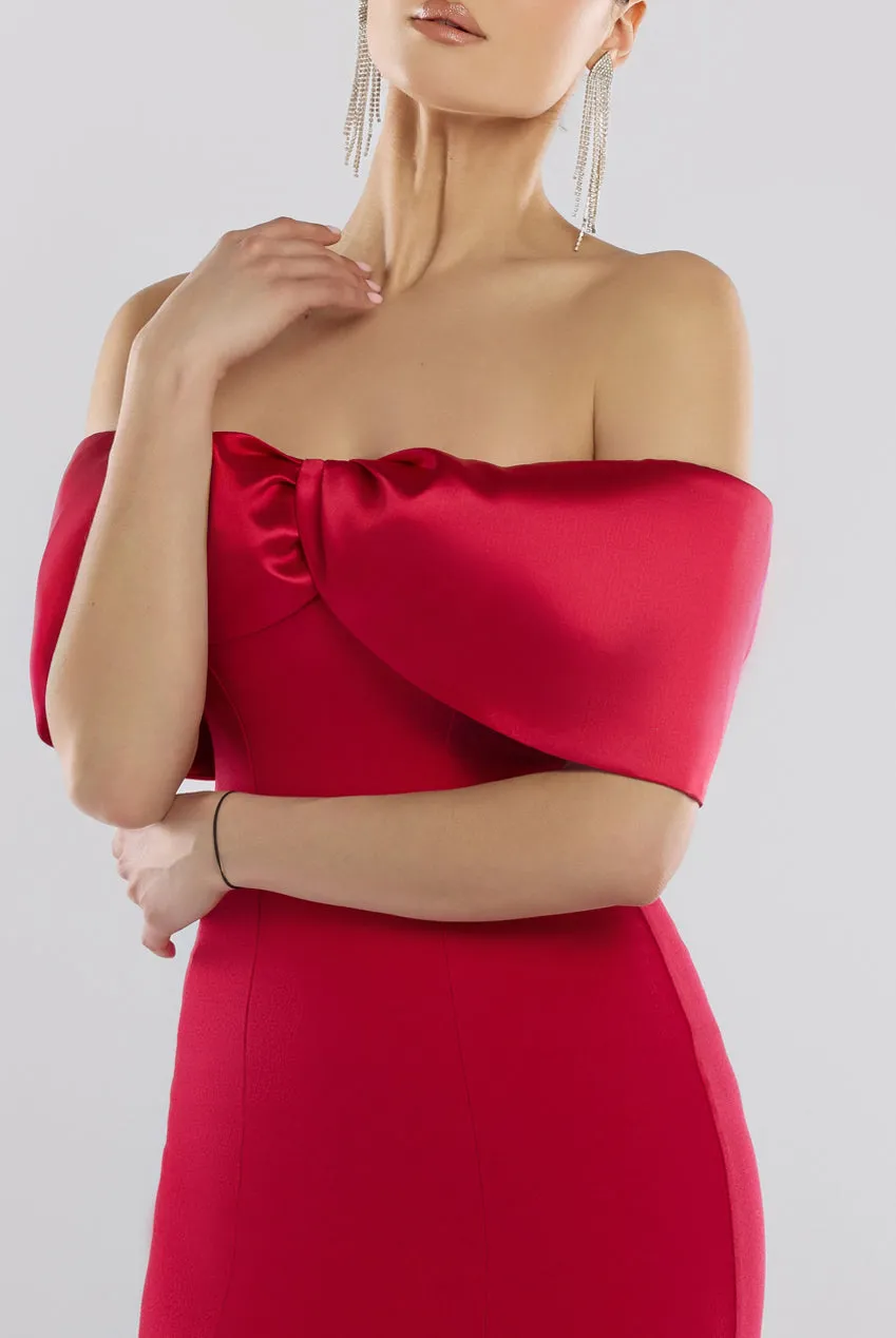 Twist Knot Satin & Scuba Bardot High Low Midi Dress - Magenta by Goddiva sold by Goddiva product image thumbnail 3