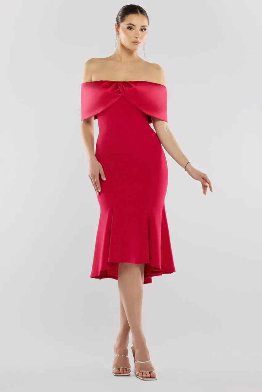 Twist Knot Satin & Scuba Bardot High Low Midi Dress - Magenta by Goddiva sold by Goddiva