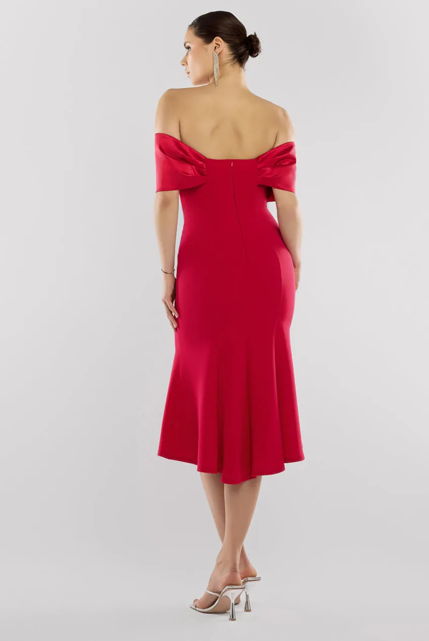 Twist Knot Satin & Scuba Bardot High Low Midi Dress - Magenta by Goddiva sold by Goddiva product image thumbnail 2