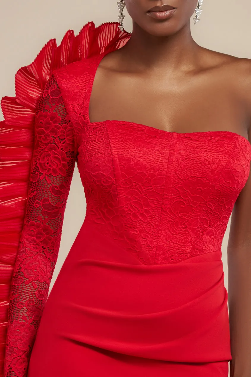 One Shoulder Organza Fan Detail Lace Bodice Midi Dress - Red by Goddiva sold by Goddiva product image thumbnail 3