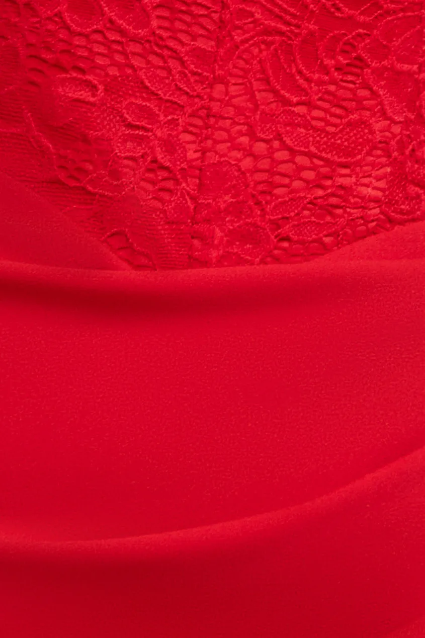 One Shoulder Organza Fan Detail Lace Bodice Midi Dress - Red by Goddiva sold by Goddiva product image thumbnail 4