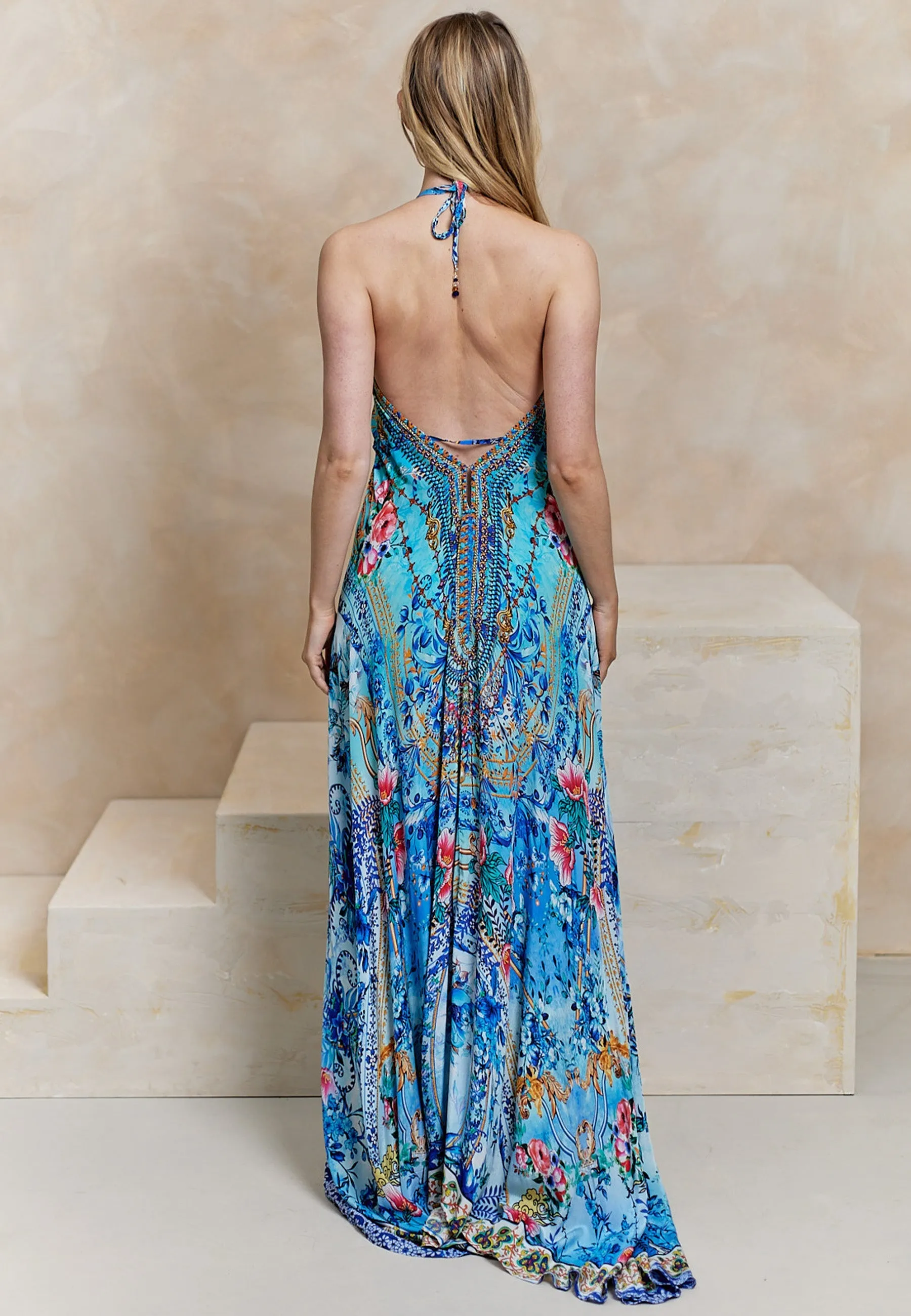 Luxurious Viscose Crepe Maxi Beach Dress In Premium Tropical Blue Print by Angeleye sold by Goddiva product image thumbnail 3
