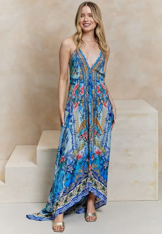 Luxurious Viscose Crepe Maxi Beach Dress In Premium Tropical Blue Print by Angeleye sold by Goddiva