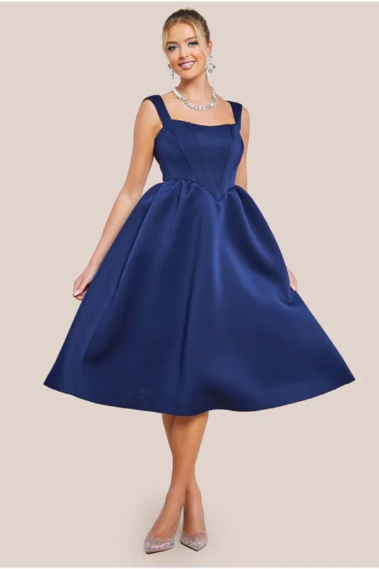 Sleeveless Corset Fit & Flare Midi Dress - Navy Blue by Goddiva sold by Goddiva