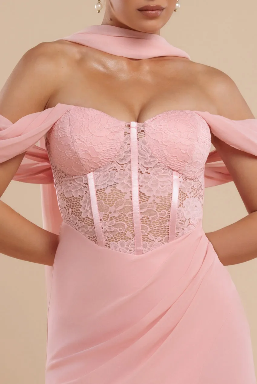 Scalloped Lace & Chiffon Winged Corset Bodice Maxi Dress - Blush Pink by Goddiva sold by Goddiva product image thumbnail 4