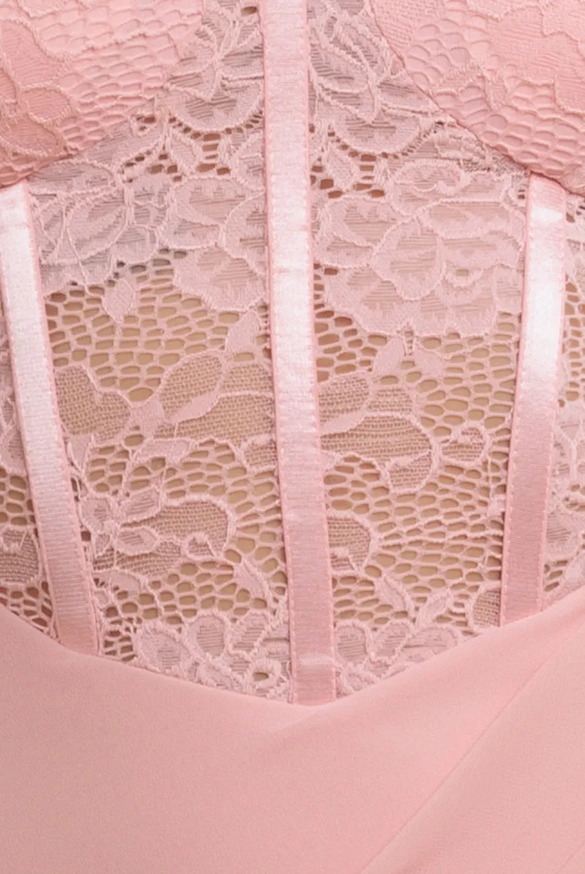 Scalloped Lace & Chiffon Winged Corset Bodice Maxi Dress - Blush Pink by Goddiva sold by Goddiva product image thumbnail 5