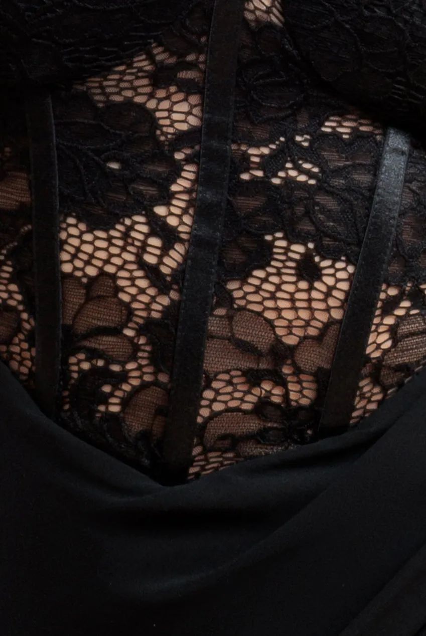 Scalloped Lace & Chiffon Winged Corset Bodice Maxi Dress - Black by Goddiva sold by Goddiva product image thumbnail 5