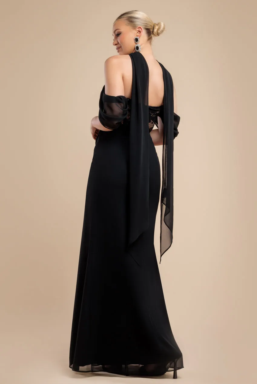 Scalloped Lace & Chiffon Winged Corset Bodice Maxi Dress - Black by Goddiva sold by Goddiva product image thumbnail 2