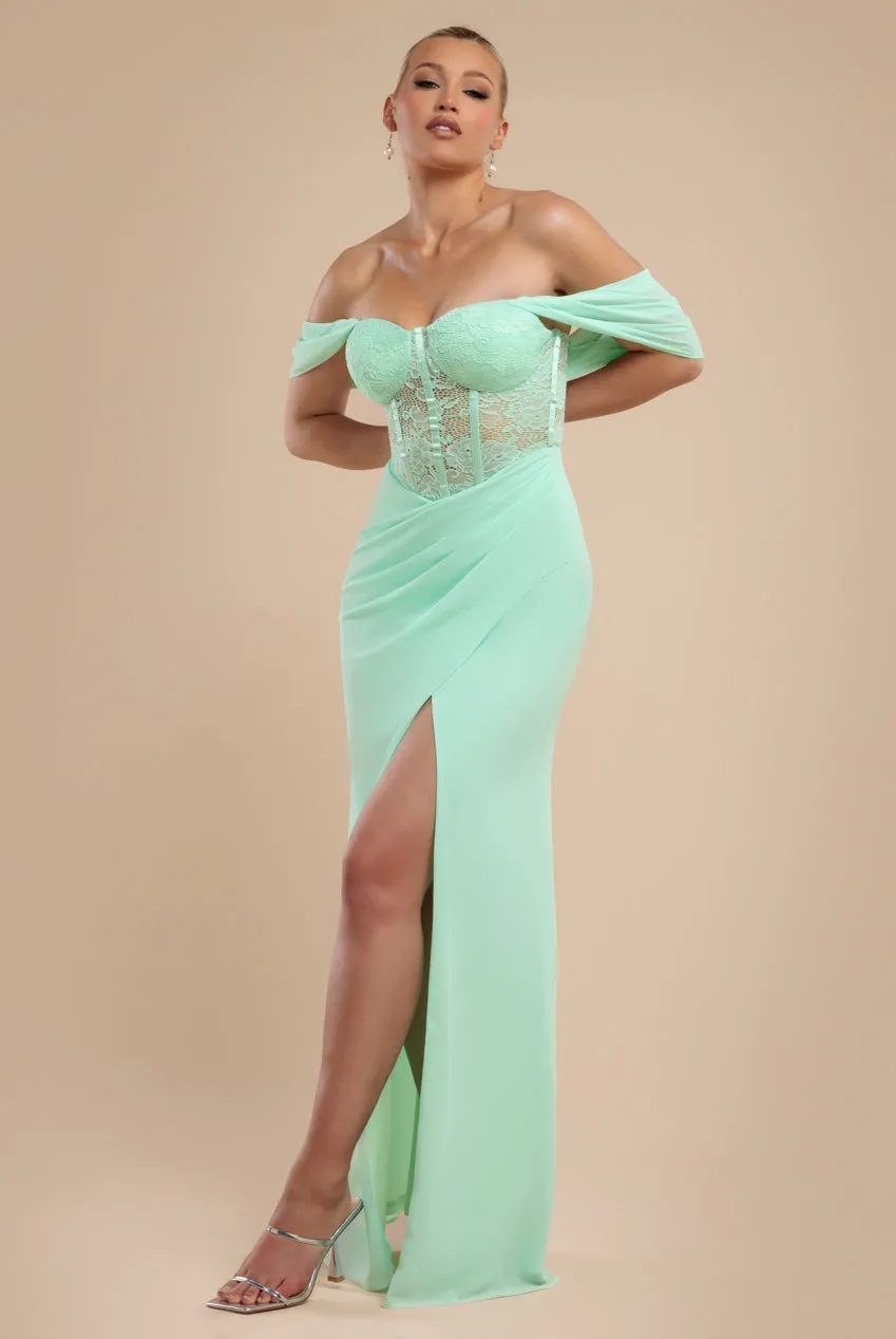 Scalloped Lace & Chiffon Winged Corset Bodice Maxi Dress - Mint Green by Goddiva sold by Goddiva product image thumbnail 3