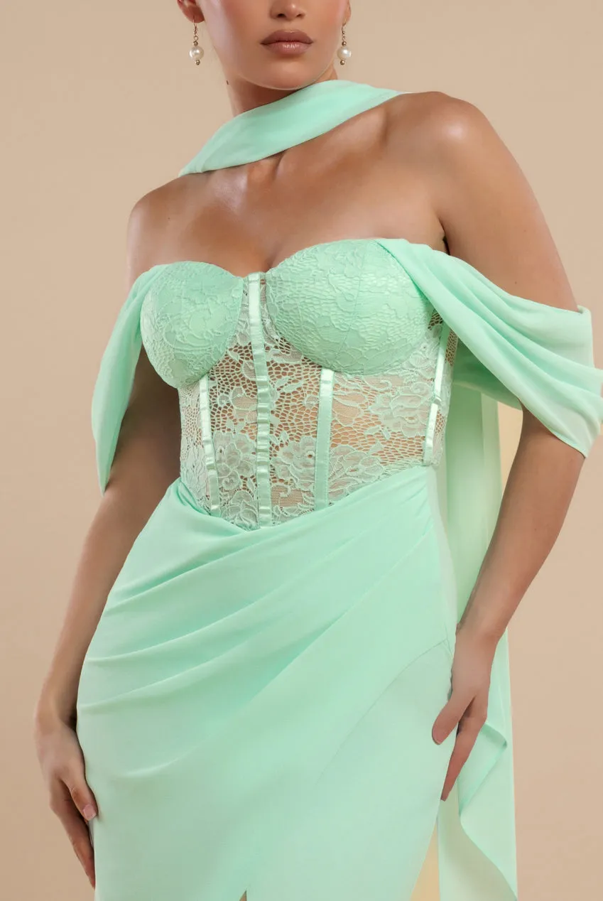 Scalloped Lace & Chiffon Winged Corset Bodice Maxi Dress - Mint Green by Goddiva sold by Goddiva product image thumbnail 4