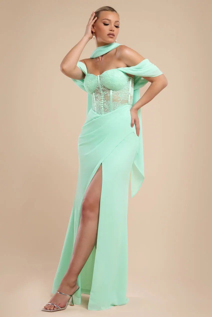 Scalloped Lace & Chiffon Winged Corset Bodice Maxi Dress - Mint Green by Goddiva sold by Goddiva