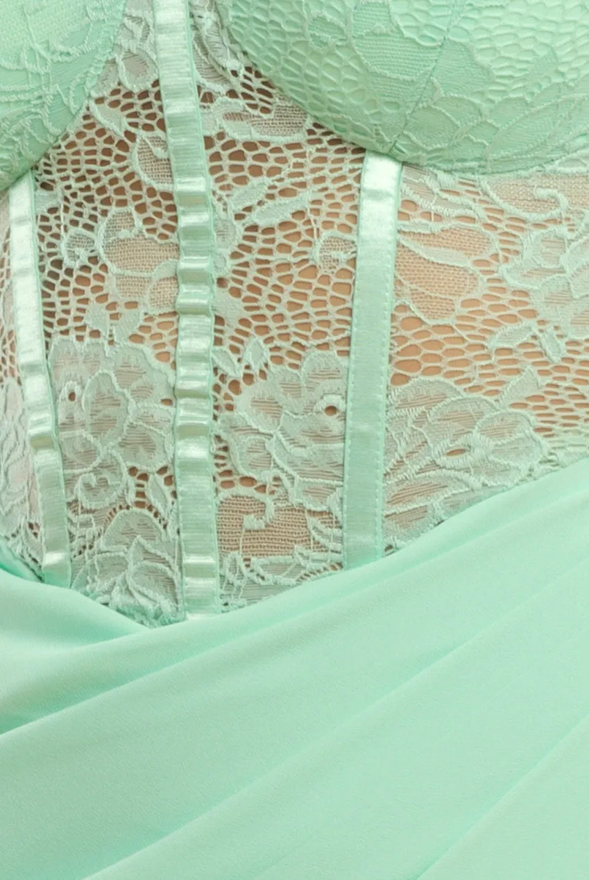 Scalloped Lace & Chiffon Winged Corset Bodice Maxi Dress - Mint Green by Goddiva sold by Goddiva product image thumbnail 5