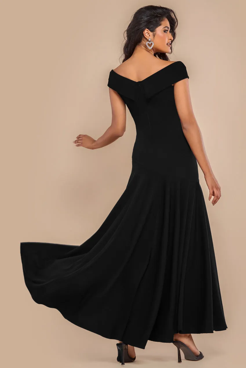 Scuba Crepe Off Shoulder Front Split Maxi Dress - Black by Goddiva sold by Goddiva product image thumbnail 2