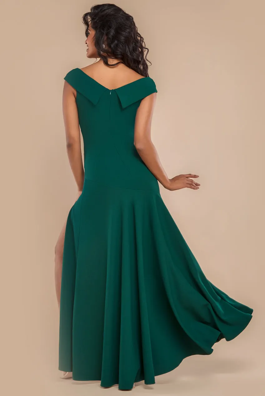 Scuba Crepe Off Shoulder Front Split Maxi Dress - Emerald Green by Goddiva sold by Goddiva product image thumbnail 2