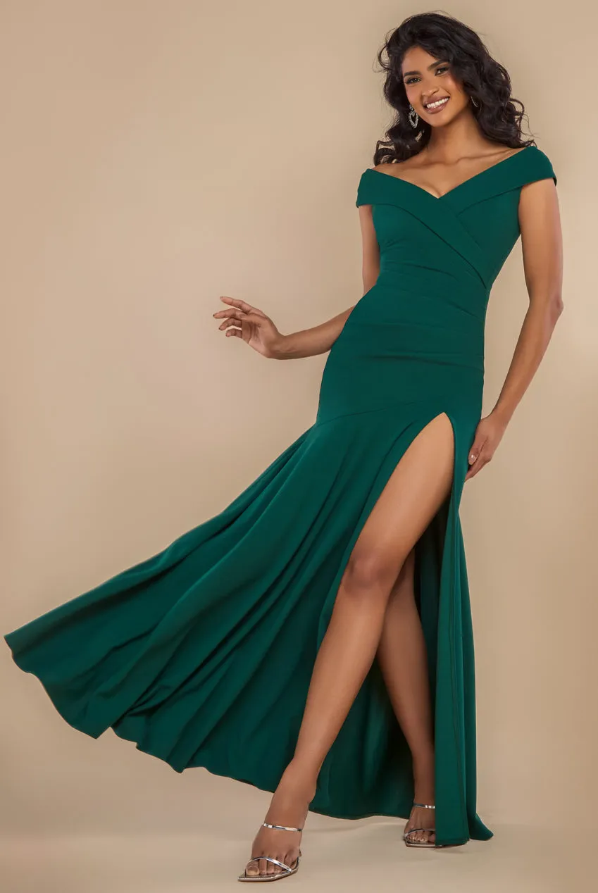 Scuba Crepe Off Shoulder Front Split Maxi Dress - Emerald Green by Goddiva sold by Goddiva