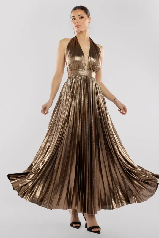 Sunrise Foil Halterneck A-Line Maxi Dress - Bronze by Goddiva sold by Goddiva