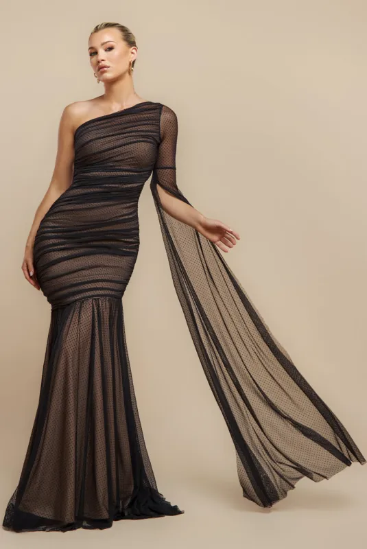 Gathered One Sleeve Angel Wing Mermaid Maxi Dress - Black by Goddiva sold by Goddiva