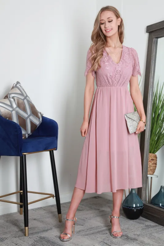 Scallop Lace V Neck Split Hem Chiffon Midi Dress by Double Second sold by Goddiva
