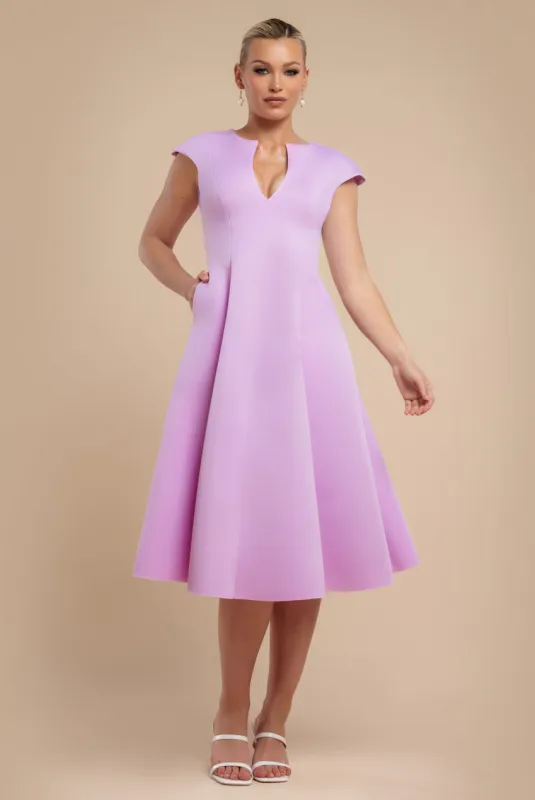 Cap Sleeve Plunging V-Neckline A-line Midi Dress - Lilac by Goddiva sold by Goddiva