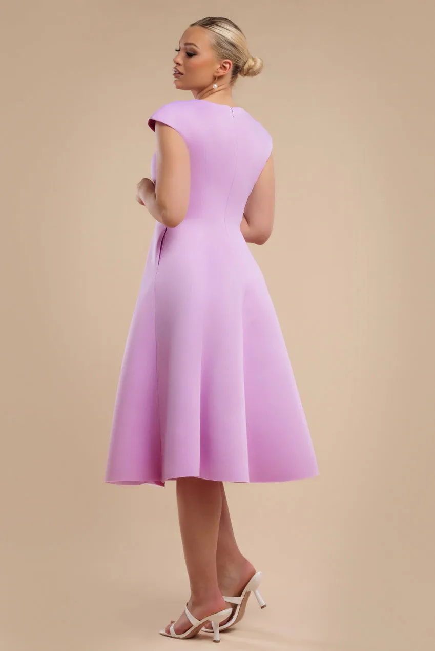 Cap Sleeve Plunging V-Neckline A-line Midi Dress - Lilac by Goddiva sold by Goddiva product image thumbnail 2