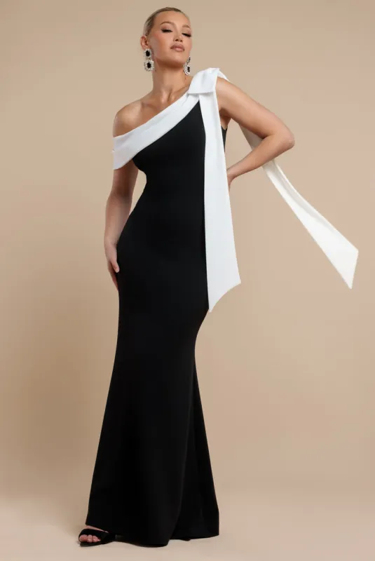 One Shoulder Contrast Bow Maxi Dress - Black Cream by Goddiva sold by Goddiva