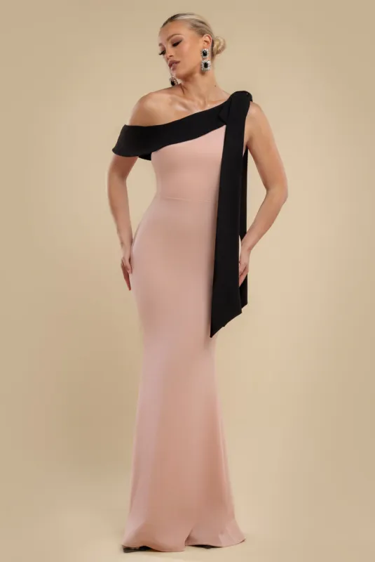 One Shoulder Contrast Bow Maxi Dress - Nude Black by Goddiva sold by Goddiva