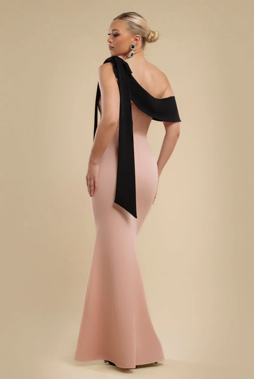 One Shoulder Contrast Bow Maxi Dress - Nude Black by Goddiva sold by Goddiva product image thumbnail 2