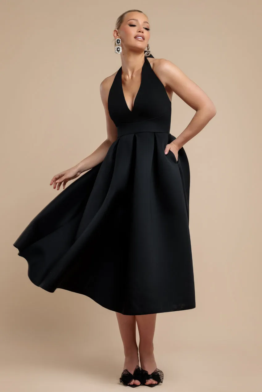 Halter Neck Pleated A-Line Midaxi Dress - Black by Goddiva sold by Goddiva