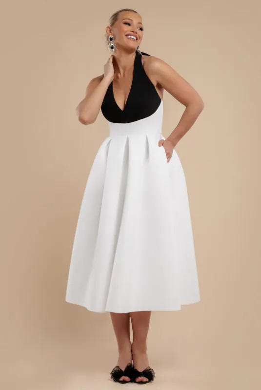 Contrast  Halter Neck Pleated A-Line Midaxi Dress - Black Cream by Goddiva sold by Goddiva