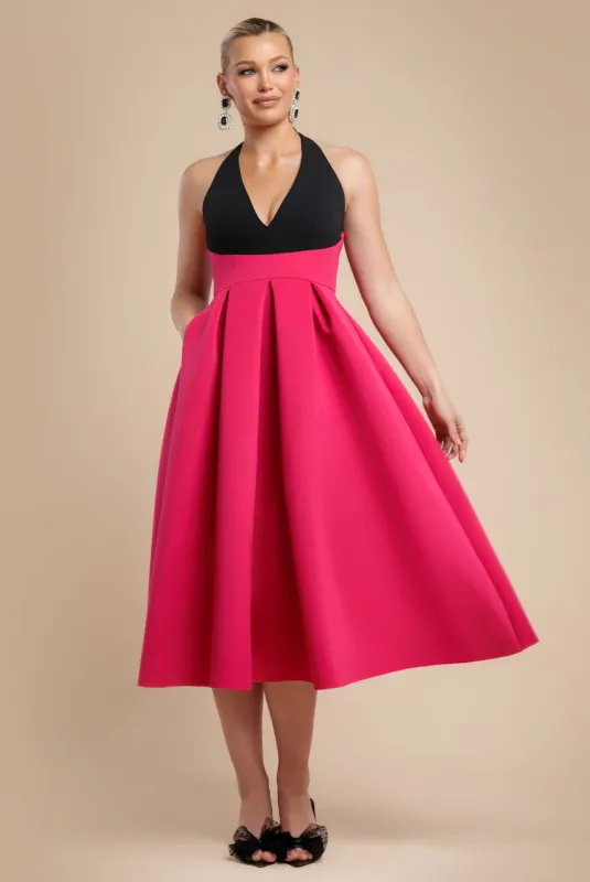 Contrast  Halter Neck Pleated A-Line Midaxi Dress - Black Magenta by Goddiva sold by Goddiva