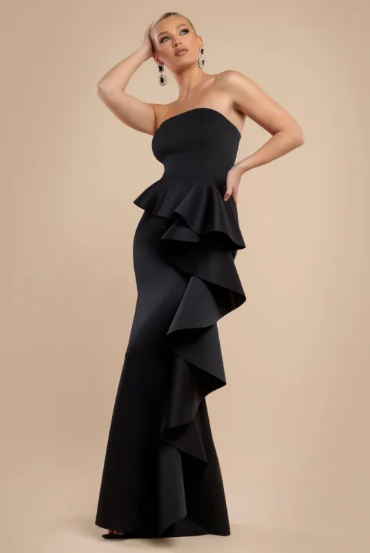 Boobtube Peplum  Waterfall Frill Maxi Dress - Black by Goddiva sold by Goddiva